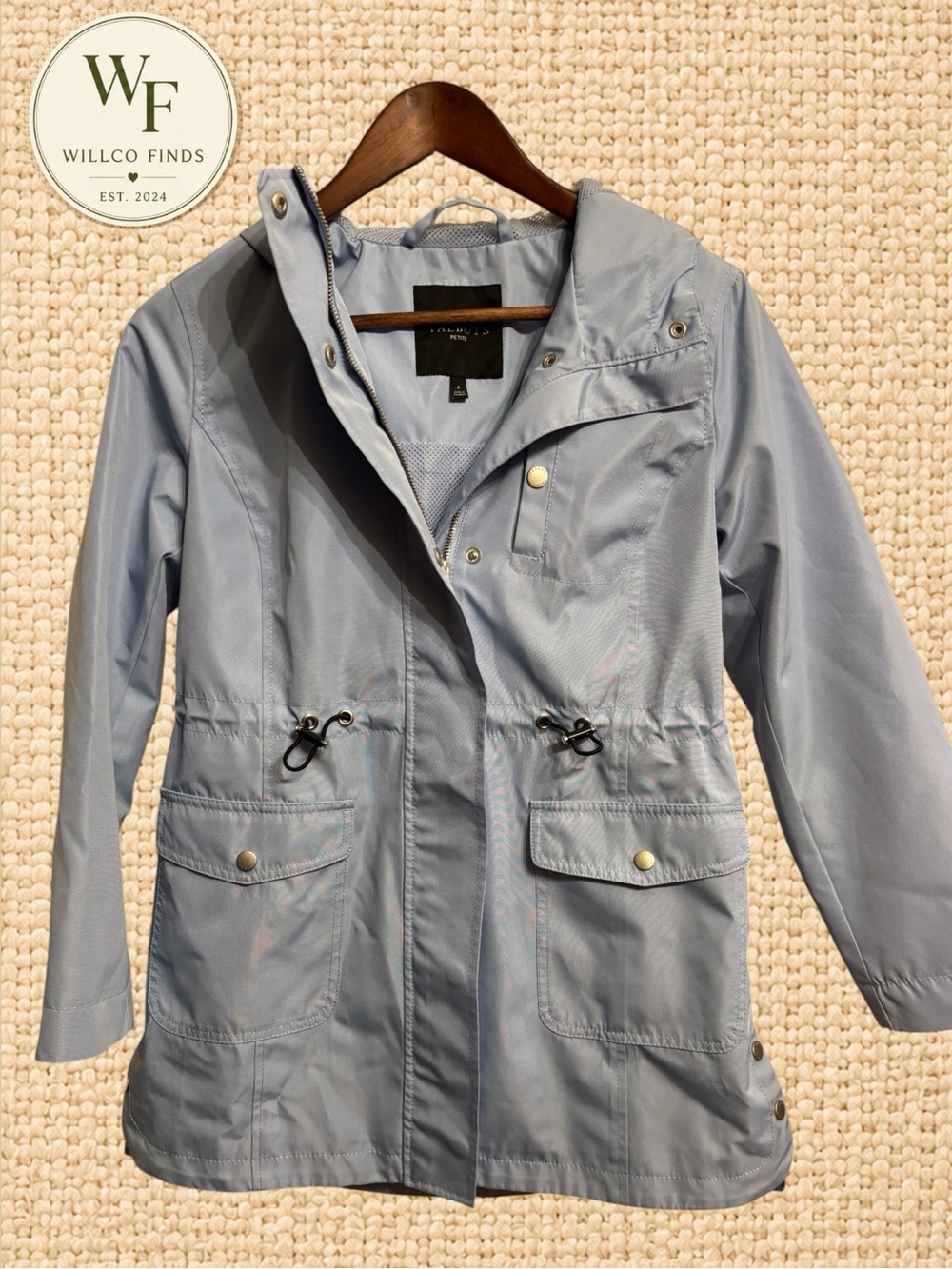 Talbots Petite Hooded Utility Rain Jacket Light Blue Drawstring Waist Size P